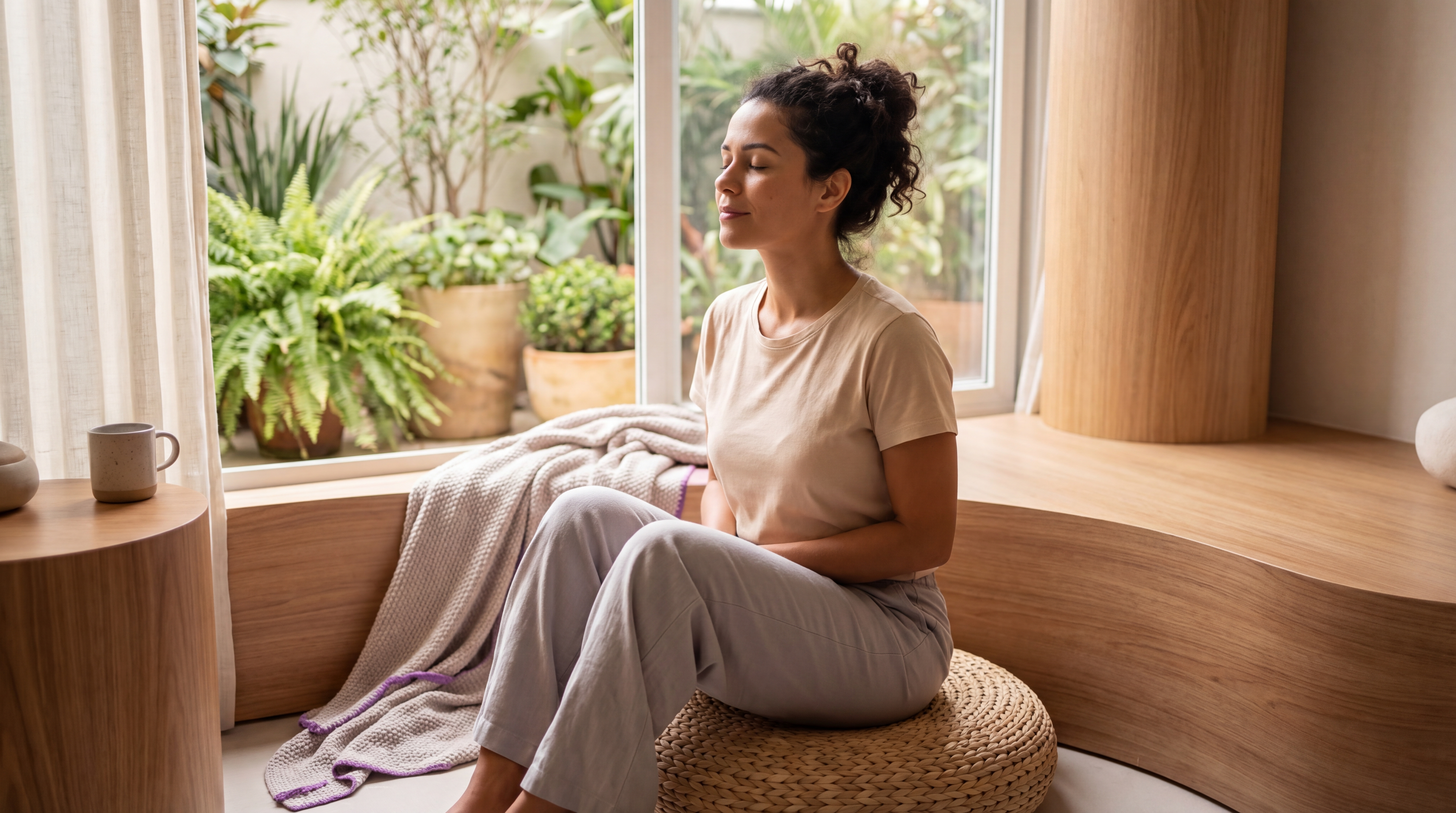 Mulher em momento de cuidado, luz natural, São Paulo.