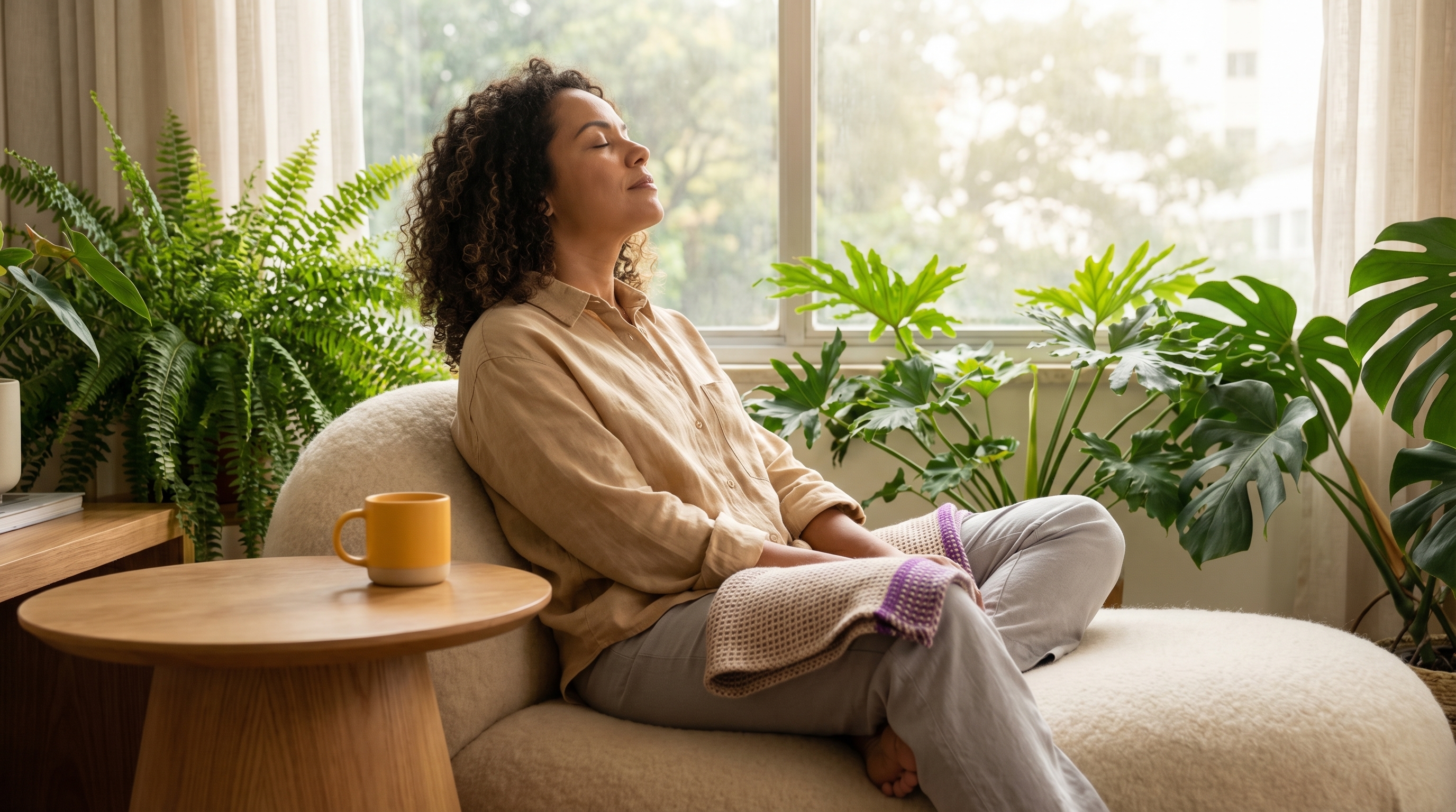 Mulher em momento de cuidado, luz natural, São Paulo.